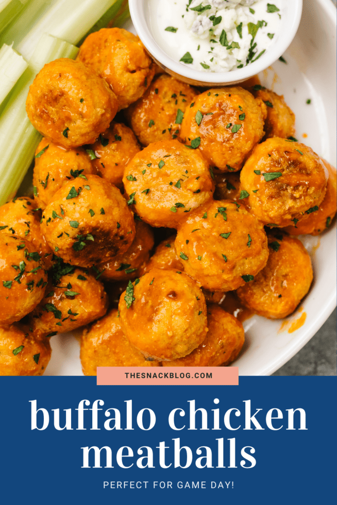 Pinterest image for buffalo chicken meatballs recipe.
