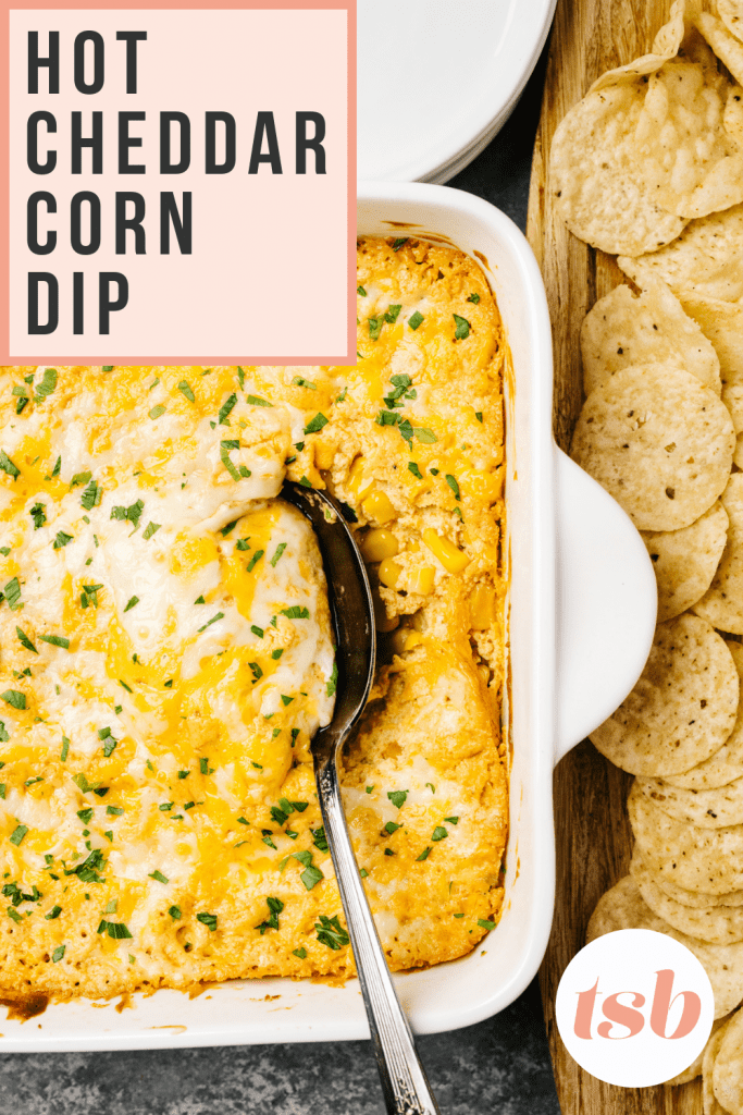 Pinterest image for a hot corn dip recipe.