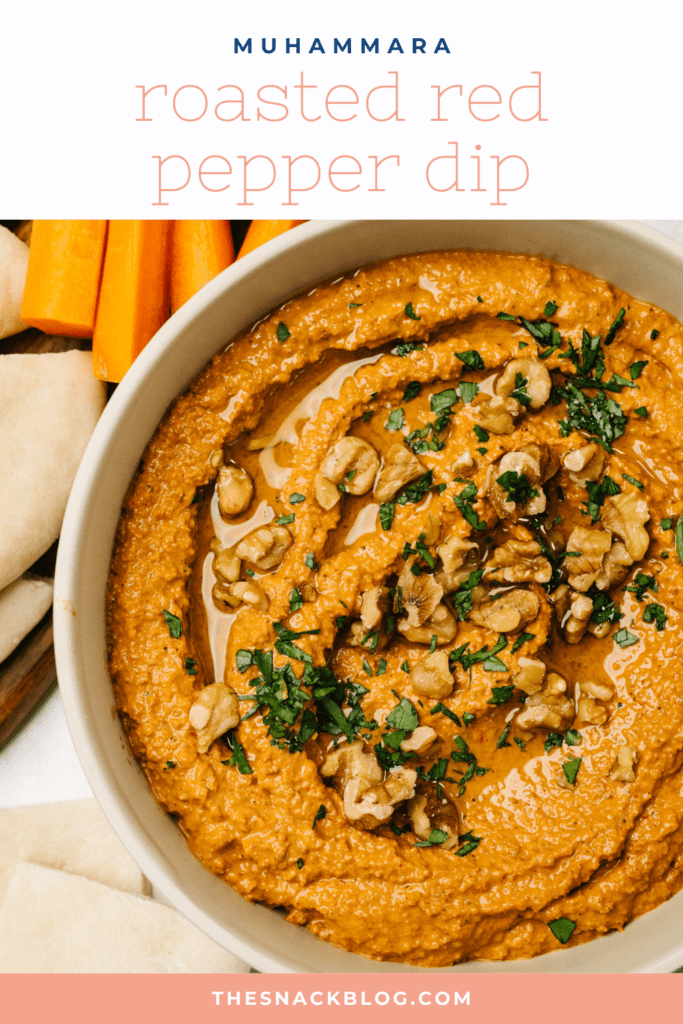 Pinterest pin for a middle eastern roasted red pepper muhammara dip.