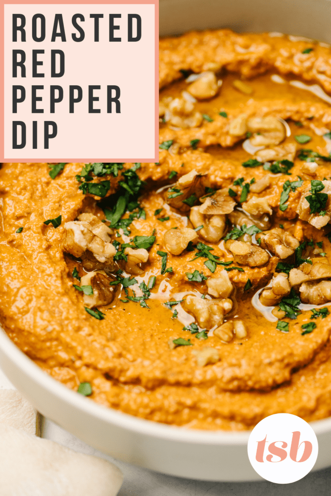 Pinterest pin for a middle eastern roasted red pepper muhammara dip.