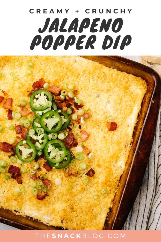Jalapeno popper dip in a casserole dish garnished with bacon, sliced jalapeños, and green onions; title bar at the top reads 